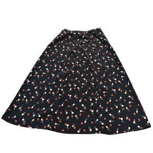 Vintage Kathy Ireland Floral Midi Skirt Womens L Black Tulip Cottagecore Summer